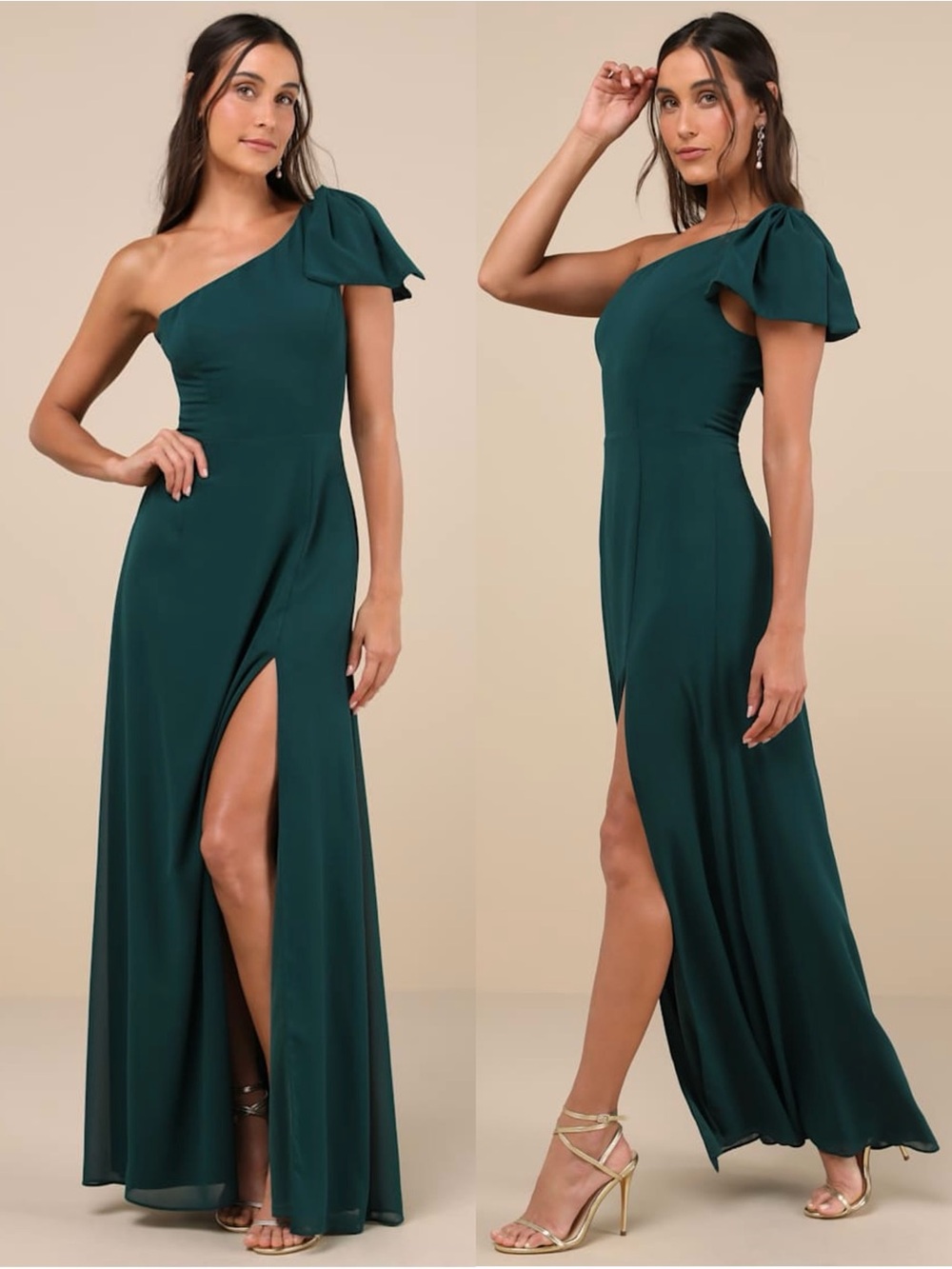 NWT LULUS Emerald Chiffon Bow Trim One Shoulder Princesscore Formal Maxi Gown XS